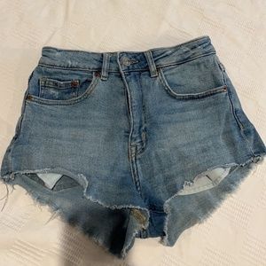 H&M Distressed High Rise Raw Hem Denim Shorts